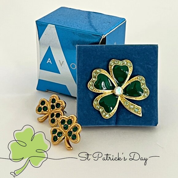 St. Patrick's Day Clover Earrings and Pin Vintage Avon in Box Emerald Gold Green - Picture 1 of 13